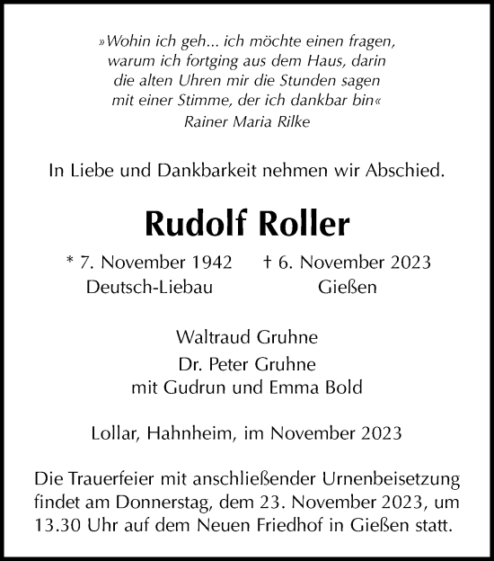 Traueranzeige von Rudolf Roller von Giessener Allgemeine, Alsfelder Allgemeine, Giessener Anzeiger
