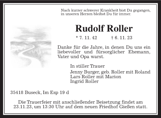 Traueranzeige von Rudolf Roller von Giessener Anzeiger