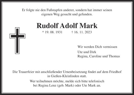 Traueranzeige von Rudolf Adolf Mark von Giessener Anzeiger, Giessener Allgemeine, Alsfelder Allgemeine