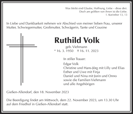 Traueranzeige von Ruthild Volk von Giessener Allgemeine, Alsfelder Allgemeine, Giessener Anzeiger