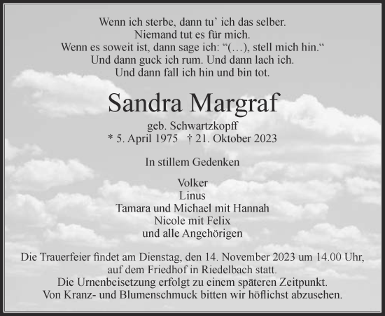 Traueranzeige von Sandra Margraf von Usinger Anzeiger