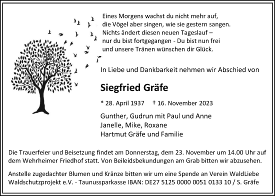 Traueranzeige von Siegfried Gräfe von Usinger Anzeiger
