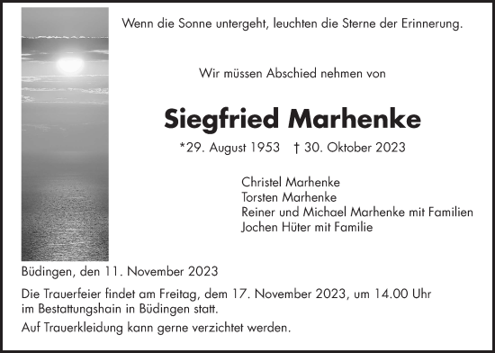 Traueranzeige von Siegfried Marhenke von Kreis-Anzeiger