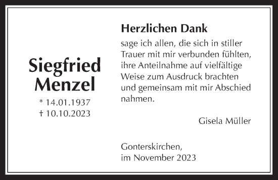 Traueranzeige von Siegfried Menzel von Laubacher Anzeiger