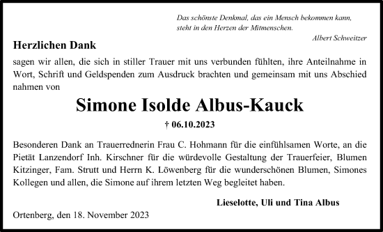 Traueranzeige von Simone Isolde Albus-Kauck von Kreis-Anzeiger