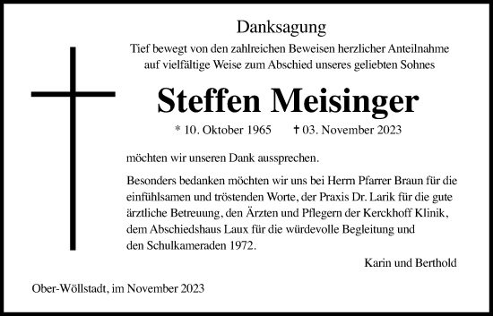 Traueranzeige von Steffen Meisinger von Wetterauer Zeitung