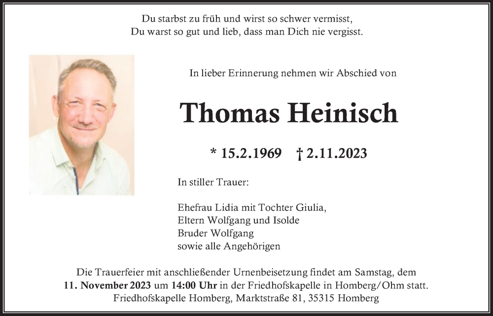  Traueranzeige für Thomas Heinisch vom 09.11.2023 aus Alsfelder Allgemeine