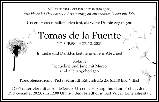 Traueranzeige von Tomas de la Fuente von Bad Vilbel/Karben