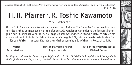 Traueranzeige von Toshio Kawamoto von Wetterauer Zeitung