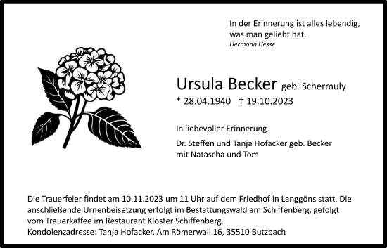 Traueranzeige von Ursula Becker von Giessener Allgemeine, Alsfelder Allgemeine, Giessener Anzeiger