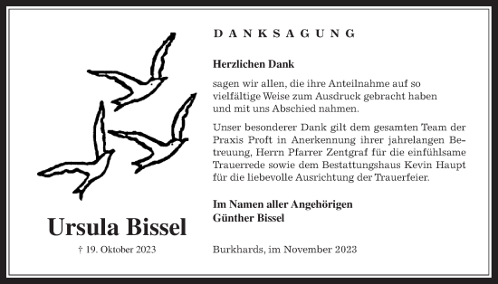 Traueranzeige von Ursula Bissel von Kreis-Anzeiger