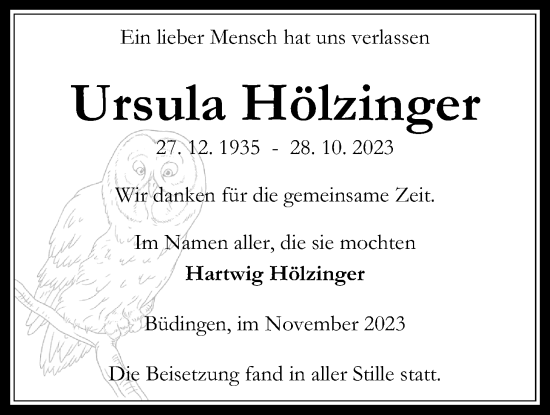 Traueranzeige von Ursula Hölzinger von Kreis-Anzeiger