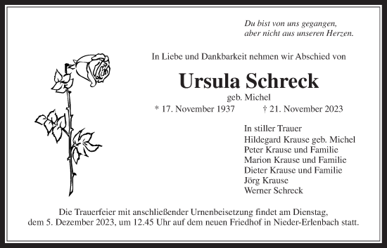 Traueranzeige von Ursula Schreck von Bad Vilbel/Karben