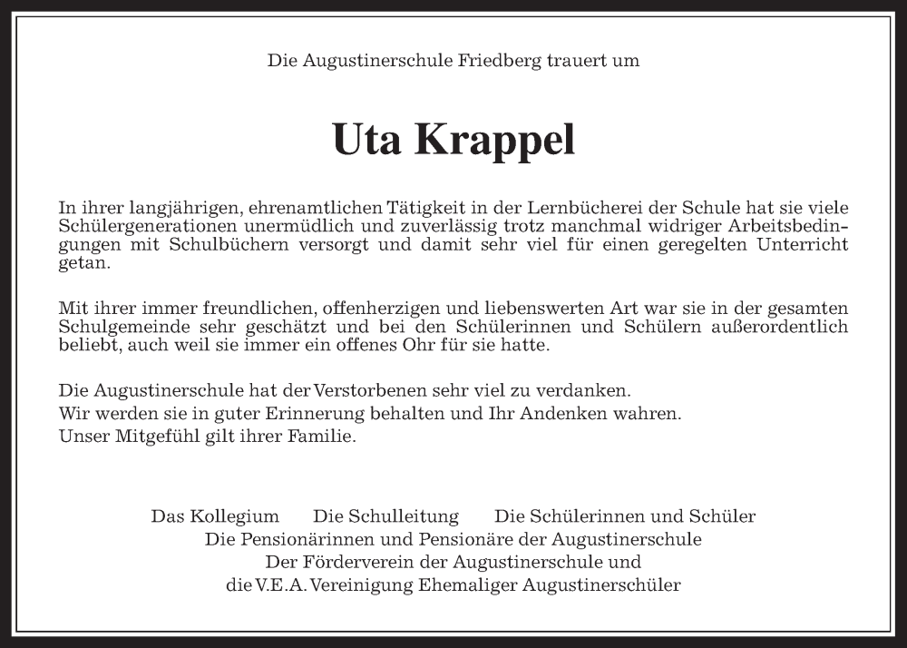  Traueranzeige für Uta Krappel vom 18.11.2023 aus Wetterauer Zeitung