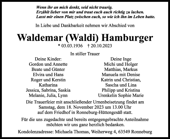 Traueranzeige von Waldemar Hamburger von Kreis-Anzeiger