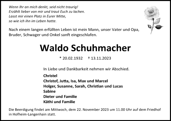 Traueranzeige von Waldo Schuhmacher 