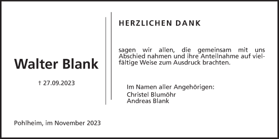 Traueranzeige von Walter Blank von Pohlheimer Nachrichten, Giessener Allgemeine, Alsfelder Allgemeine, Giessener Anzeiger