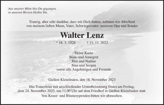 Traueranzeige von Walter Lenz von Giessener Anzeiger