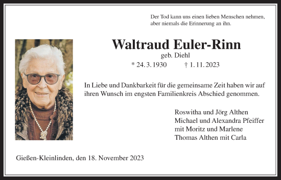 Traueranzeige von Waltraud Euler-Rinn von Giessener Allgemeine, Alsfelder Allgemeine, Giessener Anzeiger
