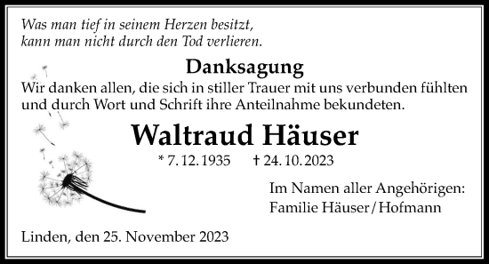 Traueranzeige von Waltraud Häuser von Giessener Allgemeine, Alsfelder Allgemeine