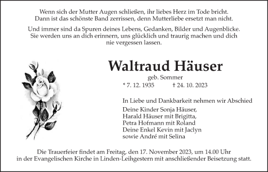 Traueranzeige von Waltraud Häuser von Giessener Allgemeine, Alsfelder Allgemeine