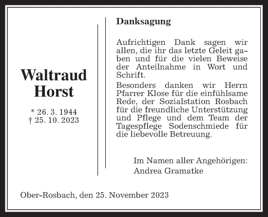 Traueranzeige von Waltraud Horst von Wetterauer Zeitung