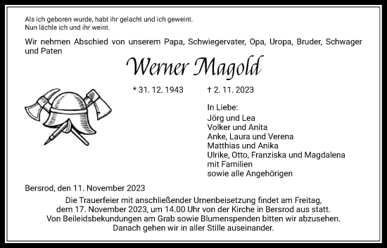 Traueranzeige von Werner Magold von Giessener Allgemeine, Alsfelder Allgemeine