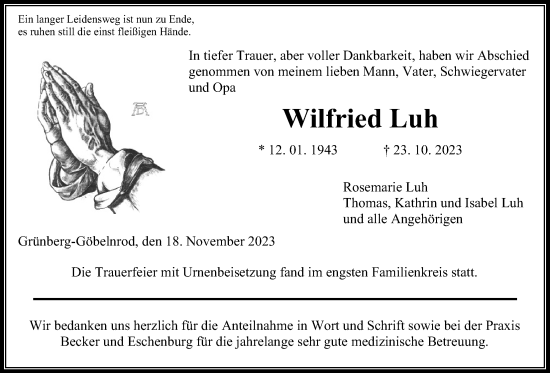 Traueranzeige von Wilfried Luh von Giessener Allgemeine, Alsfelder Allgemeine