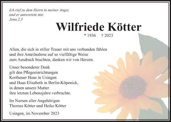 Traueranzeige von Wilfriede Kötter von Usinger Anzeiger