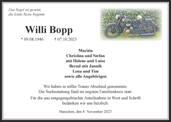 Traueranzeige von Willi Bopp von Kreis-Anzeiger