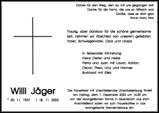 Traueranzeige von Willi Jäger von Giessener Allgemeine, Alsfelder Allgemeine