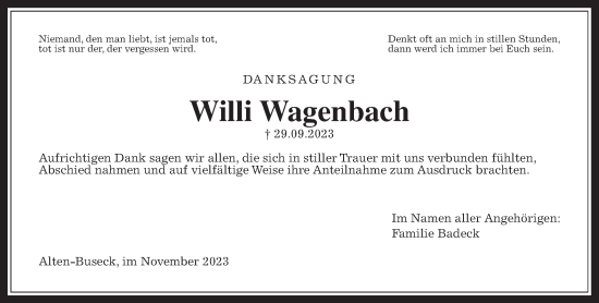 Traueranzeige von Willi Wagenbach von Giessener Allgemeine, Alsfelder Allgemeine