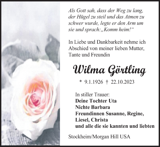 Traueranzeige von Wilma Görtling von Kreis-Anzeiger