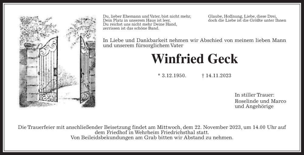  Traueranzeige für Winfried Geck vom 18.11.2023 aus Usinger Anzeiger