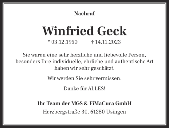 Traueranzeige von Winfried Geck von Usinger Anzeiger, 