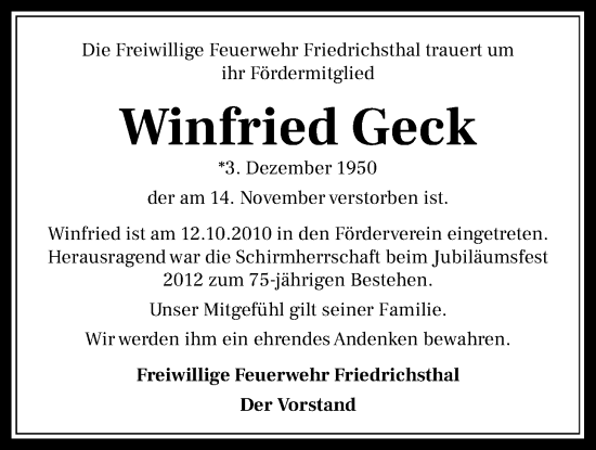 Traueranzeige von Winfried Geck von Usinger Anzeiger