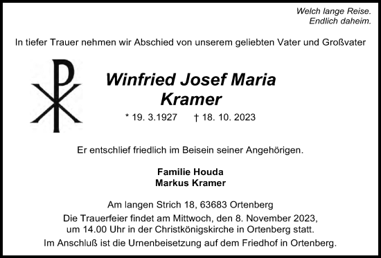 Traueranzeige von Winfried Josef Maria Kramer von Kreis-Anzeiger