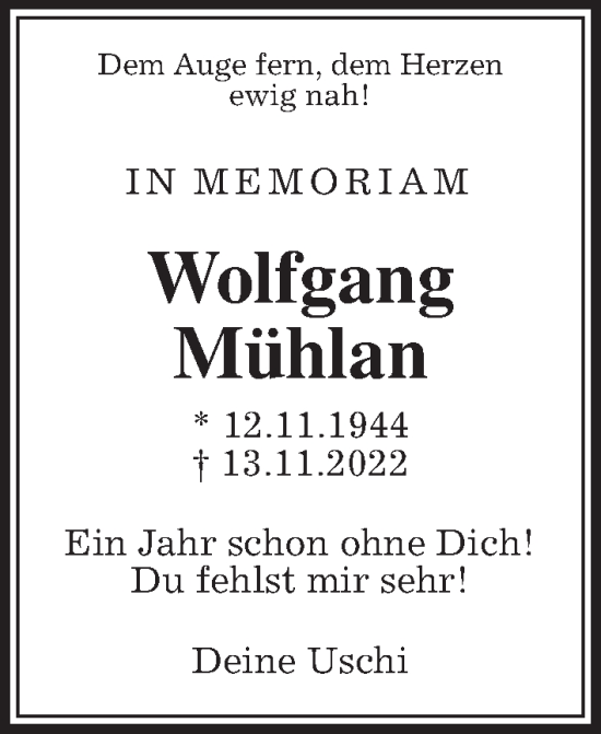 Traueranzeige von Wolfgang Mühlan von Kreis-Anzeiger