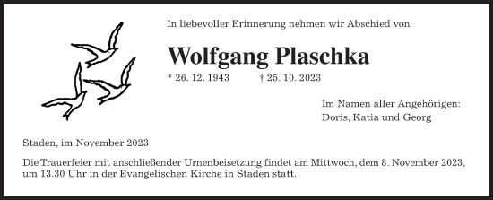 Traueranzeige von Wolfgang Plaschka von Wetterauer Zeitung