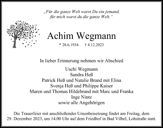 Traueranzeige von Achim Wegmann von Bad Vilbel/Karben