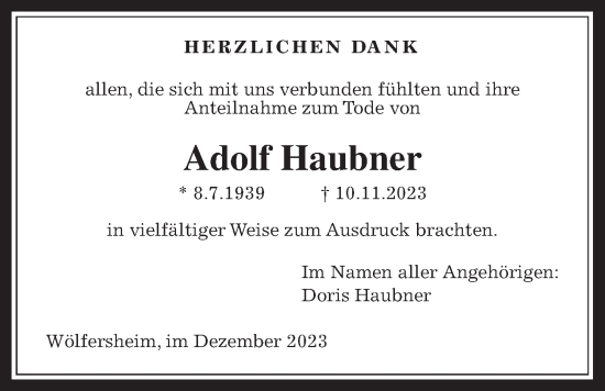 Traueranzeige von Adolf Haubner von Wetterauer Zeitung