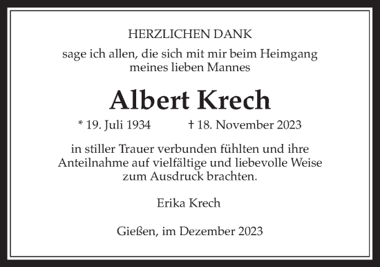 Traueranzeige von Albert Krech von Giessener Allgemeine, Alsfelder Allgemeine