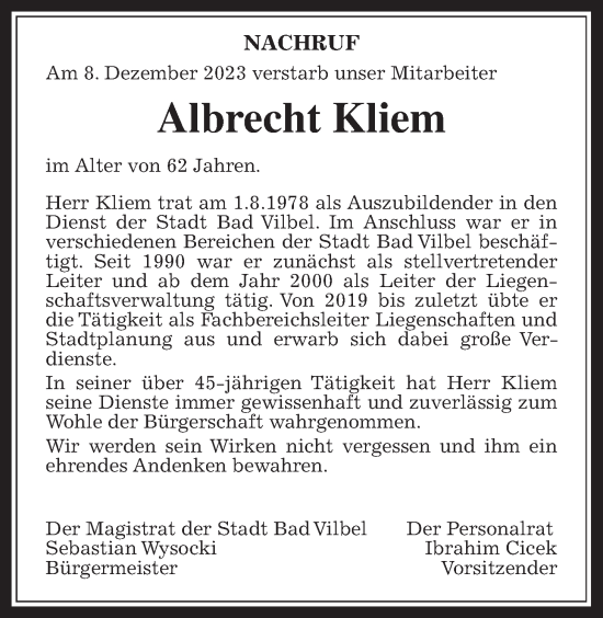 Traueranzeige von Albrecht Kliem von Bad Vilbel/Karben