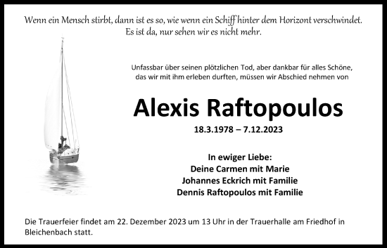 Traueranzeige von Alexis Raftopoulos von Kreis-Anzeiger