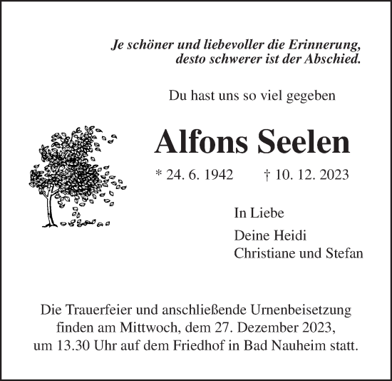 Traueranzeige von Alfons Seelen von Wetterauer Zeitung