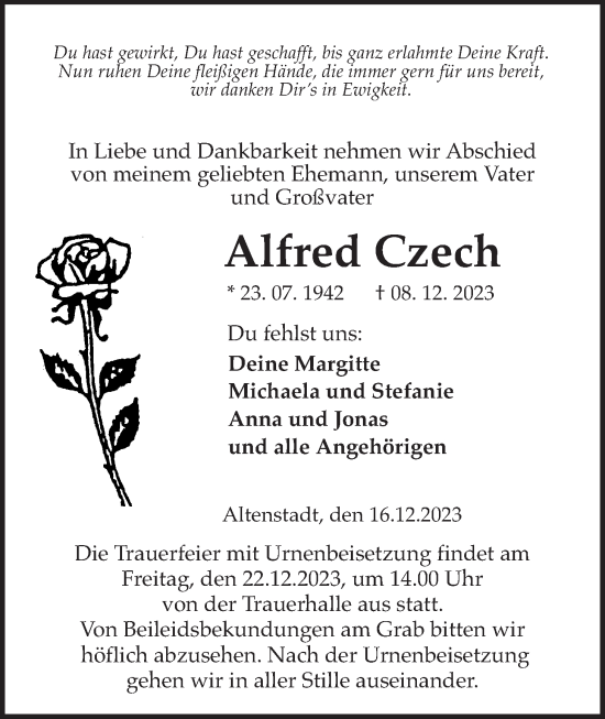 Traueranzeige von Alfred Czech von Kreis-Anzeiger