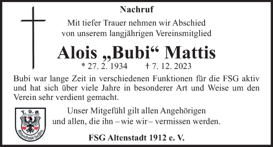 Traueranzeige von Alois Mattis von Kreis-Anzeiger