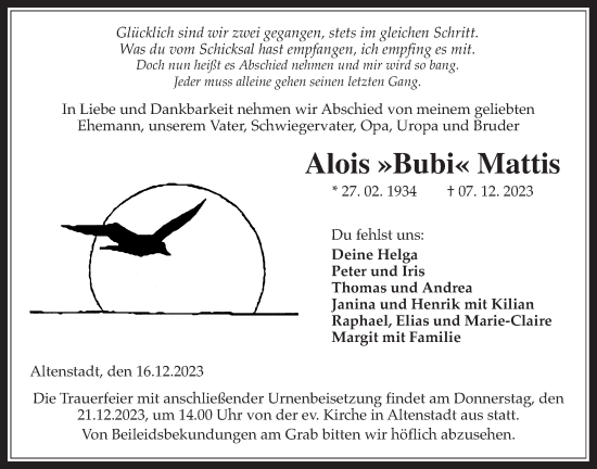 Traueranzeige von Alois Mattis von Kreis-Anzeiger