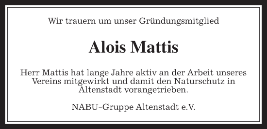 Traueranzeige von Alois Mattis von Kreis-Anzeiger