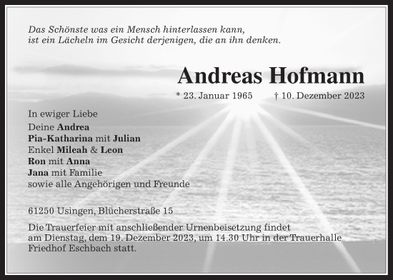 Traueranzeige von Andreas Hofmann von Usinger Anzeiger